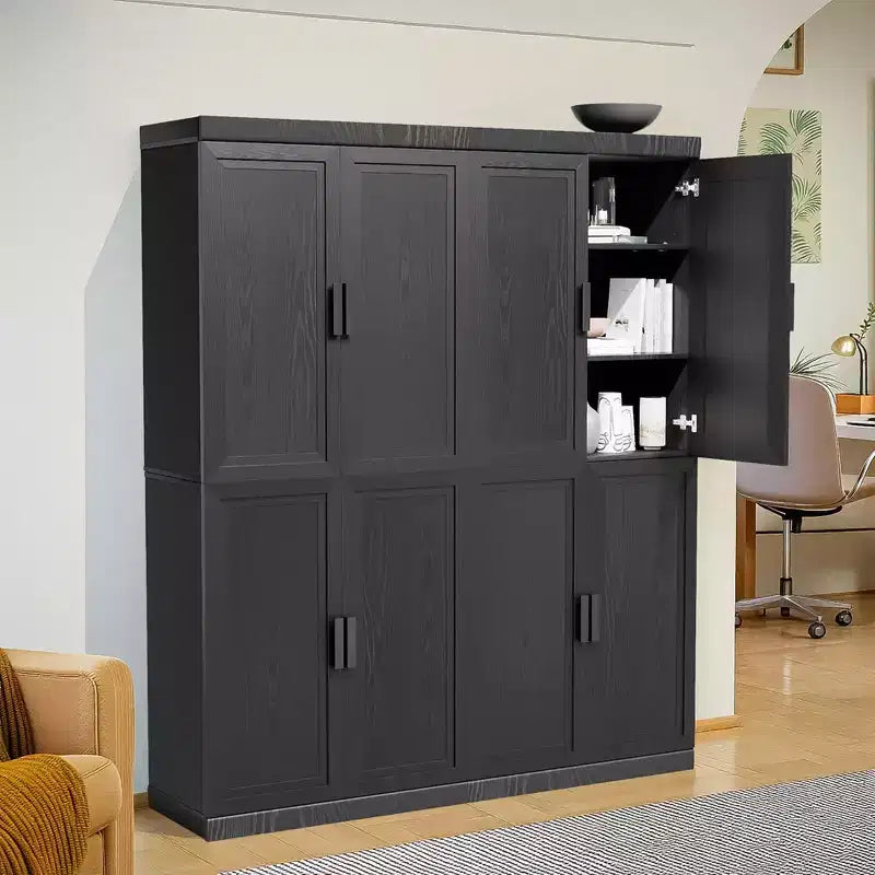Mobiletto decorativo da 72 pollici alto, effetto venatura del legno nero, con spazio sufficiente per 12 ripiani