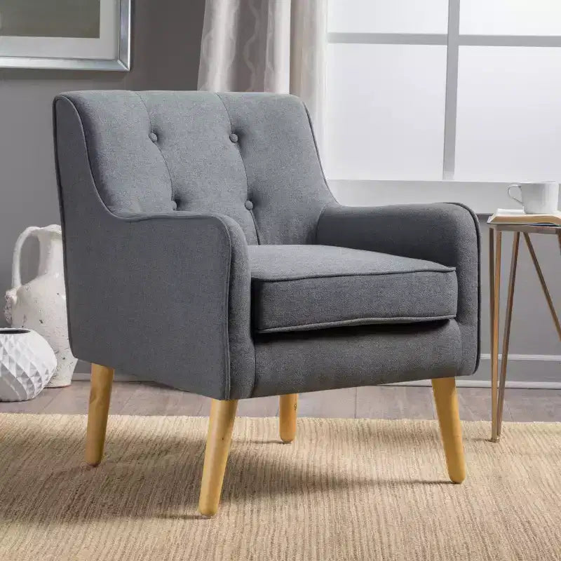 Poltrone Okak moderne di metà secolo per la camera da letto, poltrona imbottita in tessuto con gambe in legno massello per il soggiorno