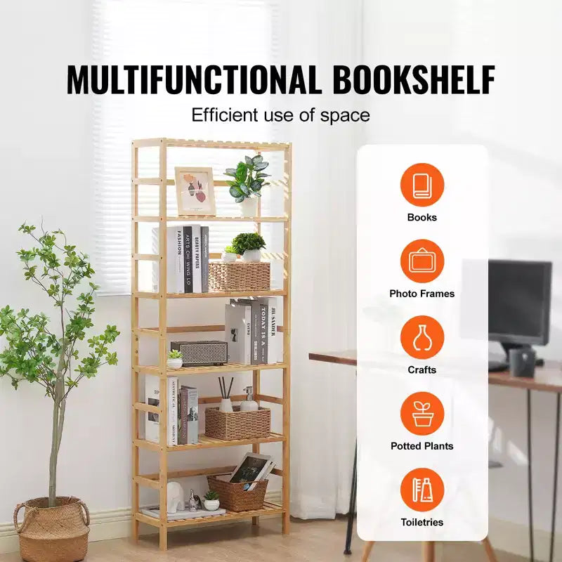 VEVOR Scaffale a 6 Livelli in Bambù, Libreria Aperta in Legno, Organizzatore Espositivo con Ripiani, Portafiori Autoportante, Libreria Multifunzionale, Naturale