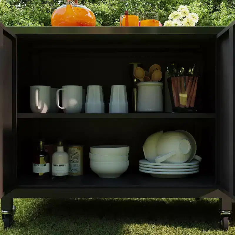 Famapy Tavoli da Pranzo per Esterni Tavolo BBQ Grill con Mobiletto Contenitore, Carrello Bar con Struttura in Acciaio Nero Tavolo da Cucina