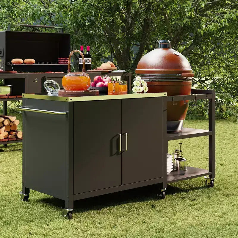 Famapy Tavoli da Pranzo per Esterni Tavolo BBQ Grill con Mobiletto Contenitore, Carrello Bar con Struttura in Acciaio Nero Tavolo da Cucina