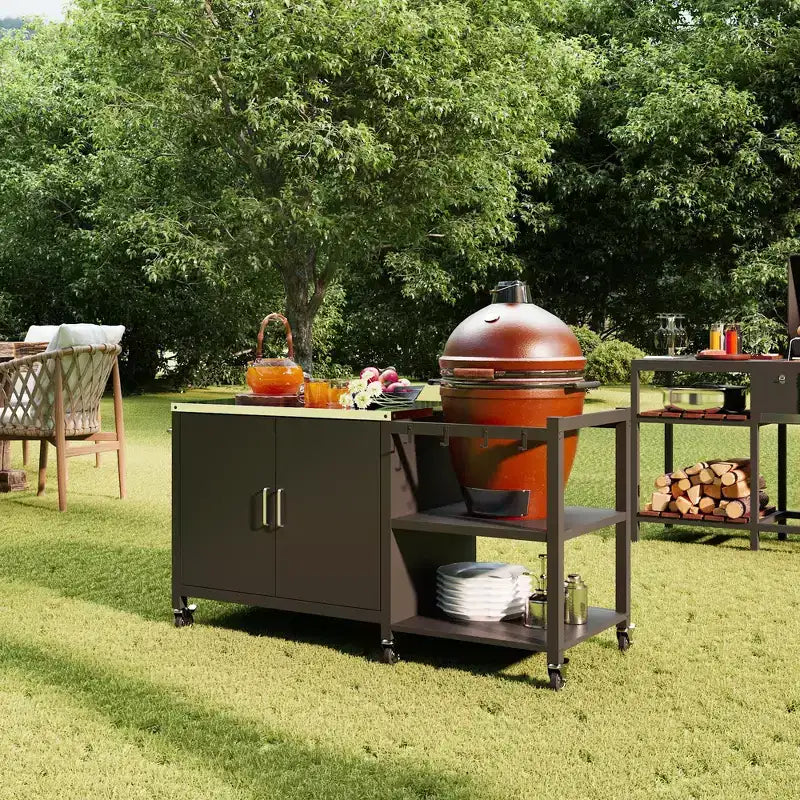 Famapy Outdoor Dining Tables BBQ Grill Table with Storage Cabinet, Black Steel Frame Bar Cart Kitchen Table