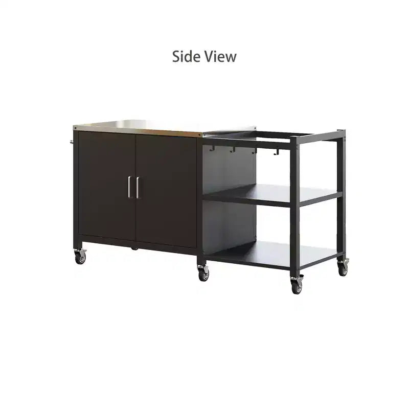 Famapy Outdoor Dining Tables BBQ Grill Table with Storage Cabinet, Black Steel Frame Bar Cart Kitchen Table
