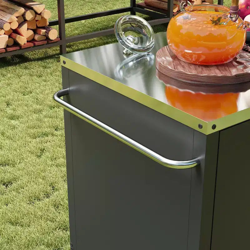 Famapy Tavoli da Pranzo per Esterni Tavolo BBQ Grill con Mobiletto Contenitore, Carrello Bar con Struttura in Acciaio Nero Tavolo da Cucina