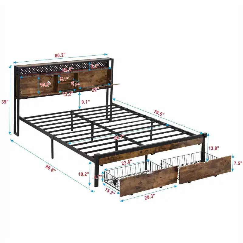 Okak Queen - Telaio letto in metallo con testiera e pediera in legno, piattaforma letto con stazione di ricarica USB e luci LED per camera da letto, nero-marrone