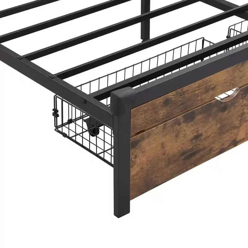 Okak Queen - Telaio letto in metallo con testiera e pediera in legno, piattaforma letto con stazione di ricarica USB e luci LED per camera da letto, nero-marrone