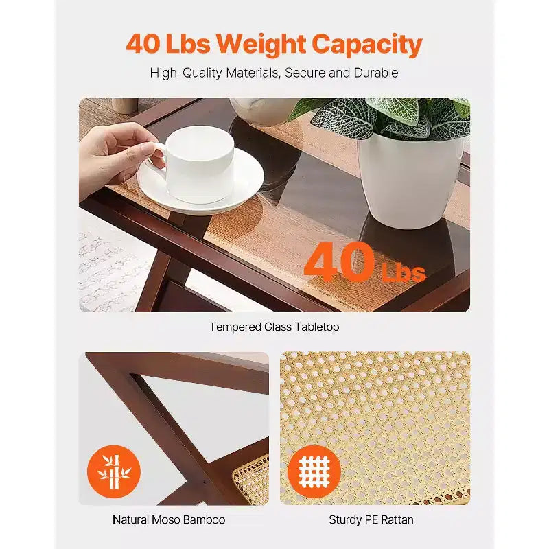 VEVOR Tavolino da Caffè in Rattan, Tavolino da Salotto in Rattan Intrecciato a Z con Piano in Vetro Temperato, Tavolino Basso Moderno Boho da 20 Pollici con Ripiano e Gambe in Bambù
