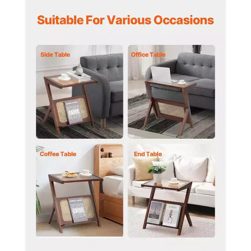 VEVOR Tavolino da Caffè in Rattan, Tavolino da Salotto in Rattan Intrecciato a Z con Piano in Vetro Temperato, Tavolino Basso Moderno Boho da 20 Pollici con Ripiano e Gambe in Bambù