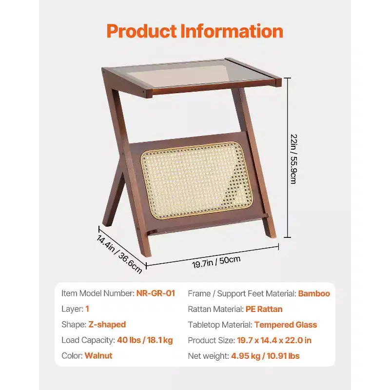 VEVOR Tavolino da Caffè in Rattan, Tavolino da Salotto in Rattan Intrecciato a Z con Piano in Vetro Temperato, Tavolino Basso Moderno Boho da 20 Pollici con Ripiano e Gambe in Bambù