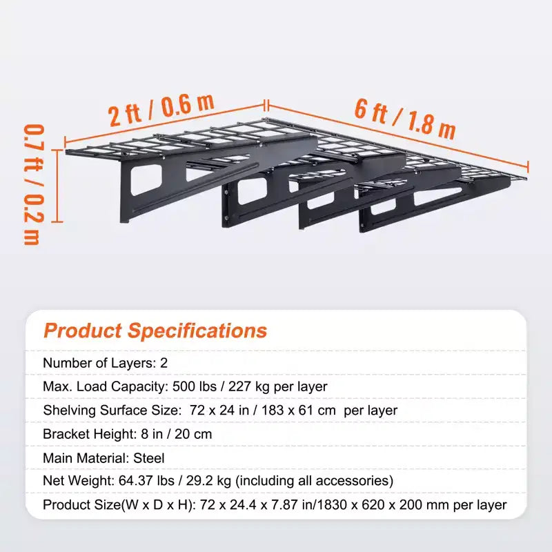 VEVOR Scaffalatura da Garage, 2 Pezzi, Scaffali da Garage Resistenti a Parete 183 x 61 cm, Capacità di Carico 454 kg (Totale) Scaffale da Garage