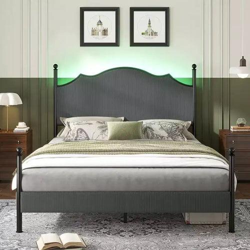 AMERLIFE Bed Frame with 51.2 Tall Upholstered Headboard and Four Poster Design