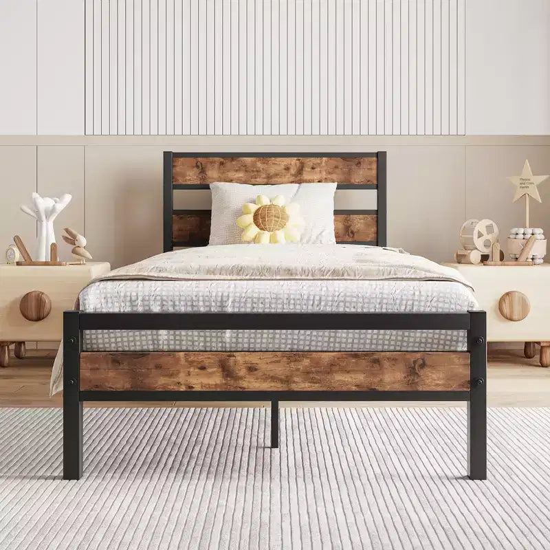 CLIHOME Platform Bed Frame with Rustic Vintage Wood Headboard, Strong Metal Slats Support, No Box Spring Needed