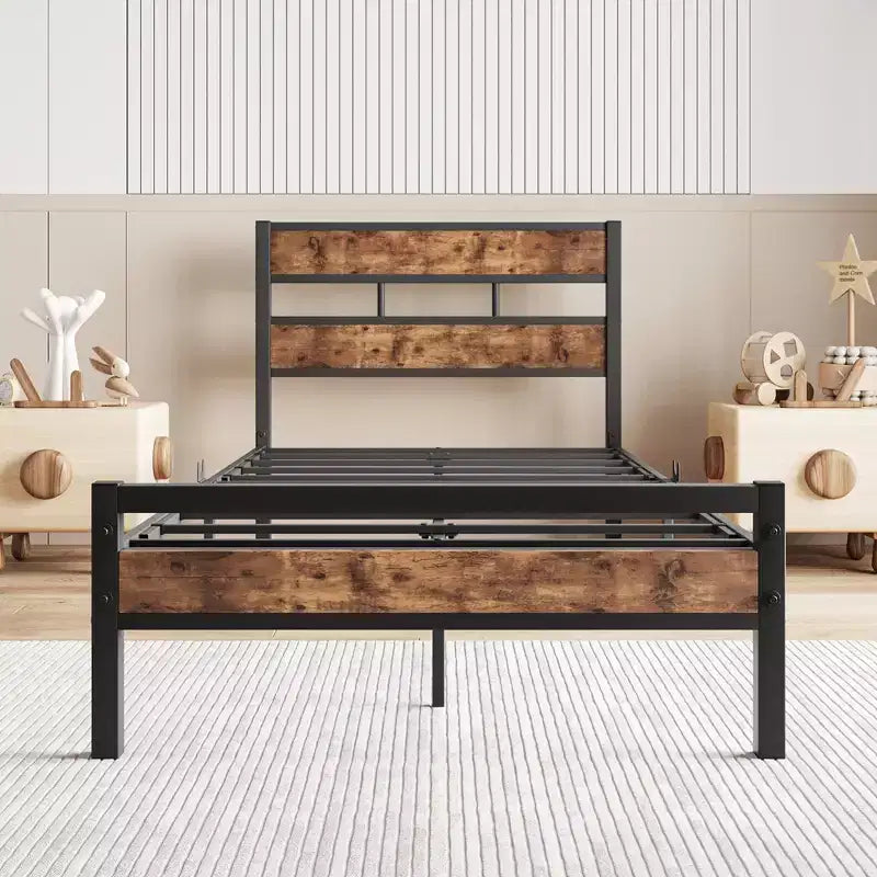 Struttura Letto CLIHOME con Testiera in Legno Rustico Vintage, Robusto Supporto con Doghe in Metallo, Nessuna Rete a Molle Necessaria