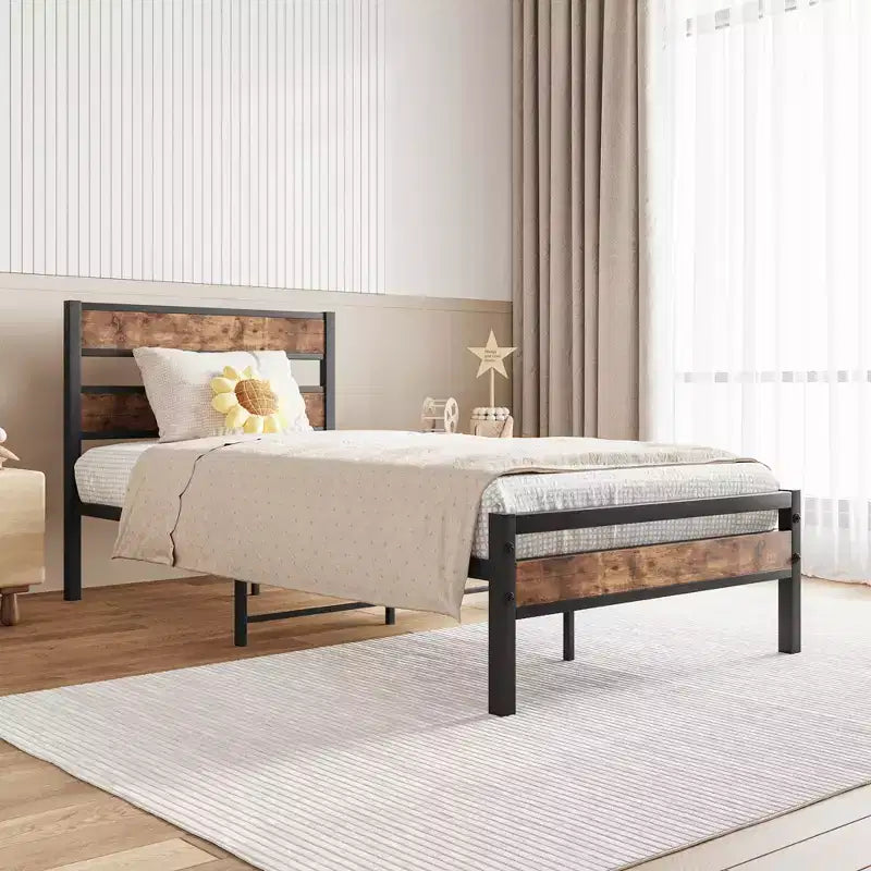 Struttura Letto CLIHOME con Testiera in Legno Rustico Vintage, Robusto Supporto con Doghe in Metallo, Nessuna Rete a Molle Necessaria