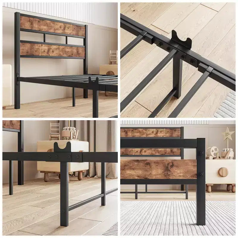 Struttura Letto CLIHOME con Testiera in Legno Rustico Vintage, Robusto Supporto con Doghe in Metallo, Nessuna Rete a Molle Necessaria