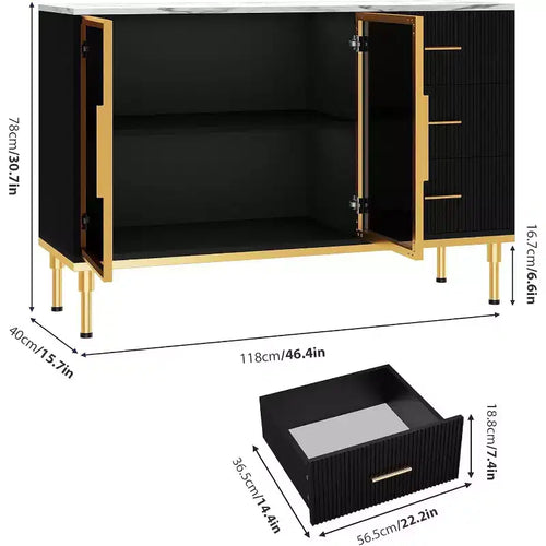 46.4 Buffet Sideboard Cabinet with Storage, 2 Glass Doors 3 Drawers and Shelves, Marble Top Kitchen Sideboard Cabinet for Dining Room