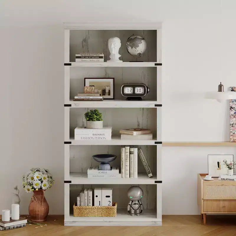 Libreria a 5 ripiani in legno, Scaffale portaoggetti in stile rustico con ripiani espositivi, Libreria alta