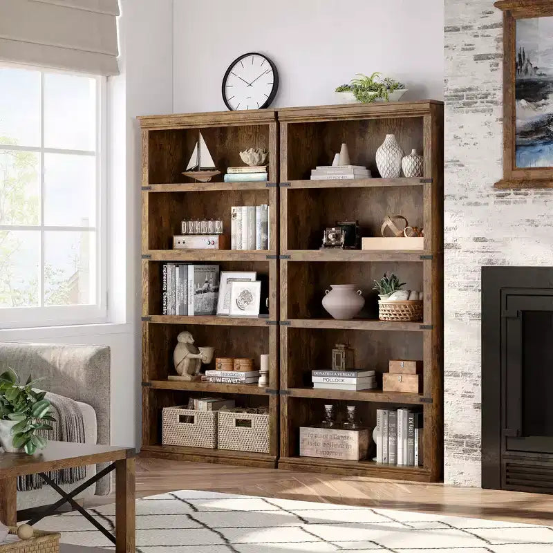Libreria a 5 ripiani in legno, Scaffale portaoggetti in stile rustico con ripiani espositivi, Libreria alta