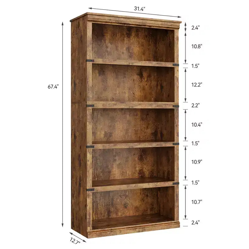 Libreria a 5 ripiani in legno, Scaffale portaoggetti in stile rustico con ripiani espositivi, Libreria alta