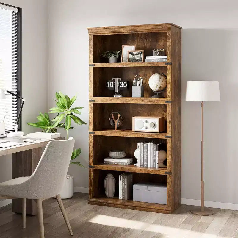Libreria a 5 ripiani in legno, Scaffale portaoggetti in stile rustico con ripiani espositivi, Libreria alta