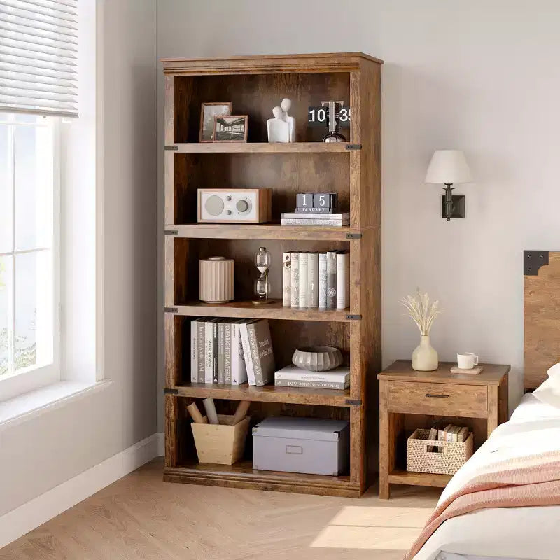 Libreria a 5 ripiani in legno, Scaffale portaoggetti in stile rustico con ripiani espositivi, Libreria alta