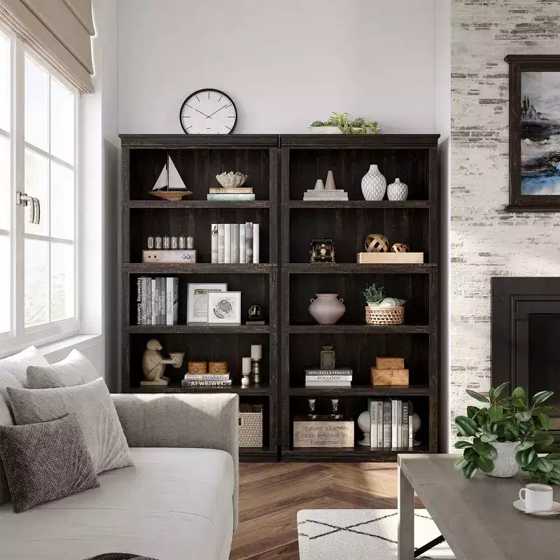 Libreria a 5 ripiani in legno, Scaffale portaoggetti in stile rustico con ripiani espositivi, Libreria alta