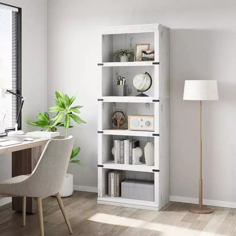 Libreria a 5 ripiani in legno, Scaffale portaoggetti in stile rustico con ripiani espositivi, Libreria alta