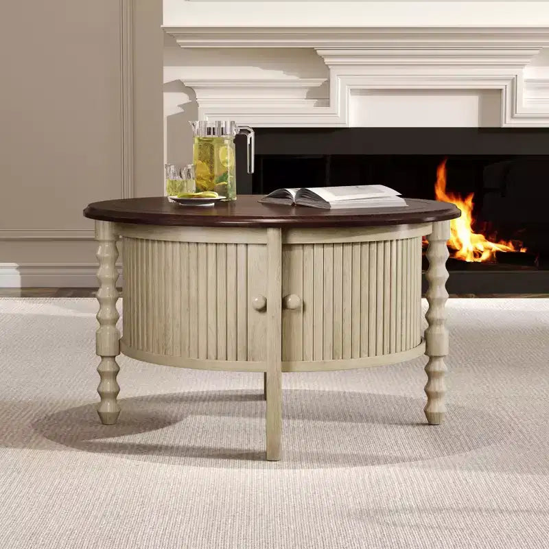 Vintage Oval/Round Coffee Table Cocktail Table Accent Table Sofa Side Table Center Table with Drawer/Sliding Door, Walnut/Beige+Espresso-ModernLuxe