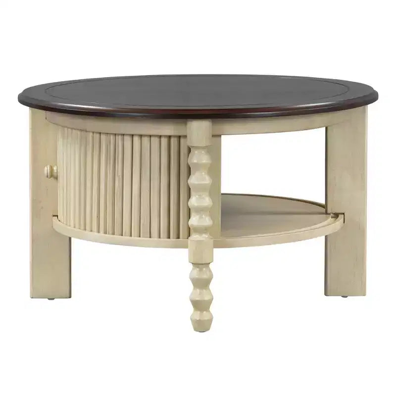 Tavolino da Caffè Ovale/Rotondo Vintage, Tavolino da Cocktail, Tavolino d'Appoggio, Tavolino Laterale per Divano, Tavolino da Centro con Cassetto/Anta Scorrevole, Noce/Beige+Espresso-ModernLuxe