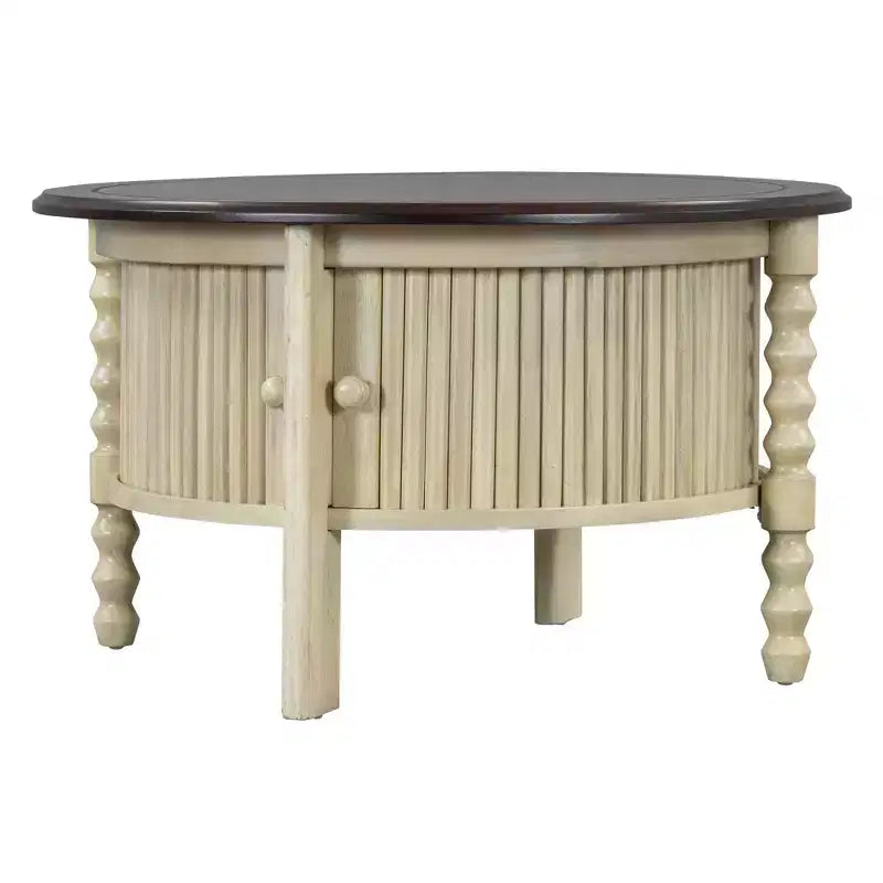 Tavolino da Caffè Ovale/Rotondo Vintage, Tavolino da Cocktail, Tavolino d'Appoggio, Tavolino Laterale per Divano, Tavolino da Centro con Cassetto/Anta Scorrevole, Noce/Beige+Espresso-ModernLuxe