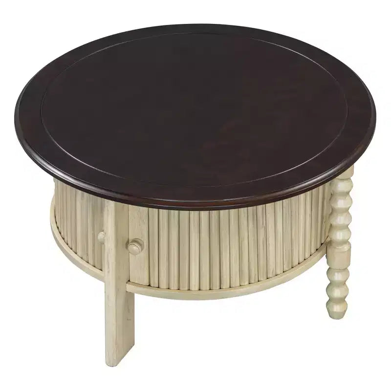 Tavolino da Caffè Ovale/Rotondo Vintage, Tavolino da Cocktail, Tavolino d'Appoggio, Tavolino Laterale per Divano, Tavolino da Centro con Cassetto/Anta Scorrevole, Noce/Beige+Espresso-ModernLuxe