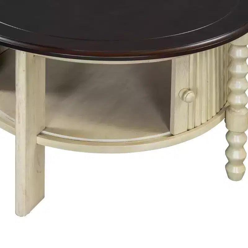 Tavolino da Caffè Ovale/Rotondo Vintage, Tavolino da Cocktail, Tavolino d'Appoggio, Tavolino Laterale per Divano, Tavolino da Centro con Cassetto/Anta Scorrevole, Noce/Beige+Espresso-ModernLuxe
