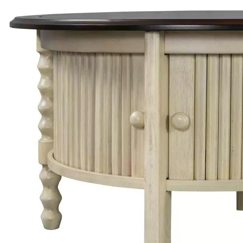 Tavolino da Caffè Ovale/Rotondo Vintage, Tavolino da Cocktail, Tavolino d'Appoggio, Tavolino Laterale per Divano, Tavolino da Centro con Cassetto/Anta Scorrevole, Noce/Beige+Espresso-ModernLuxe