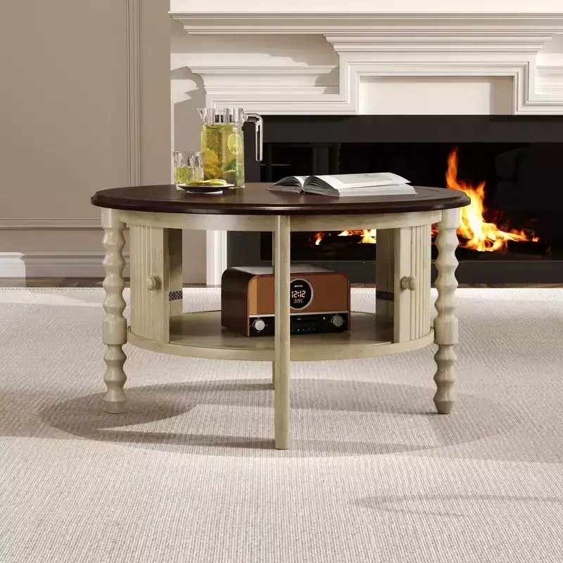 Tavolino da Caffè Ovale/Rotondo Vintage, Tavolino da Cocktail, Tavolino d'Appoggio, Tavolino Laterale per Divano, Tavolino da Centro con Cassetto/Anta Scorrevole, Noce/Beige+Espresso-ModernLuxe