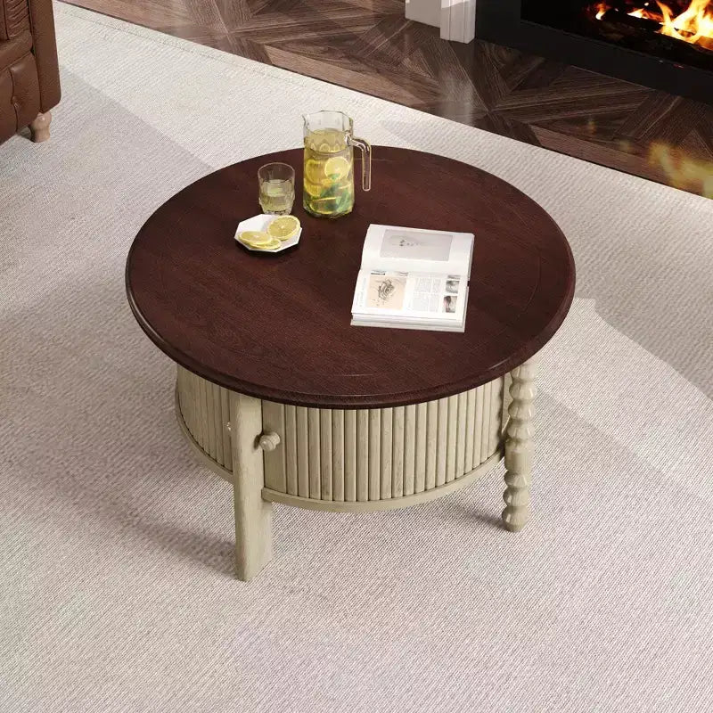 Tavolino da Caffè Ovale/Rotondo Vintage, Tavolino da Cocktail, Tavolino d'Appoggio, Tavolino Laterale per Divano, Tavolino da Centro con Cassetto/Anta Scorrevole, Noce/Beige+Espresso-ModernLuxe