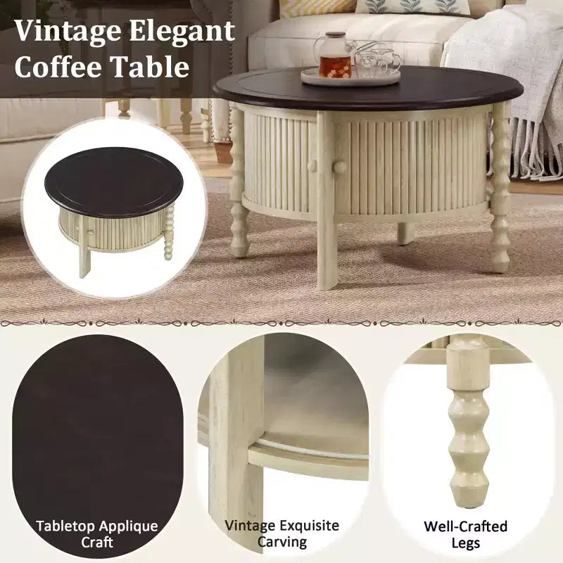 Tavolino da Caffè Ovale/Rotondo Vintage, Tavolino da Cocktail, Tavolino d'Appoggio, Tavolino Laterale per Divano, Tavolino da Centro con Cassetto/Anta Scorrevole, Noce/Beige+Espresso-ModernLuxe