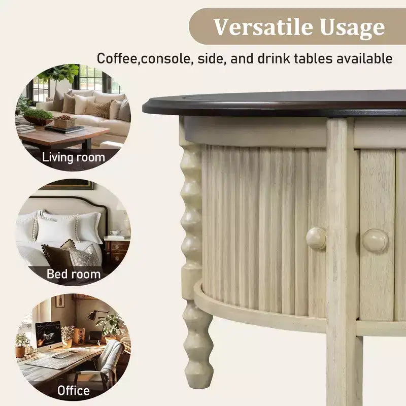 Tavolino da Caffè Ovale/Rotondo Vintage, Tavolino da Cocktail, Tavolino d'Appoggio, Tavolino Laterale per Divano, Tavolino da Centro con Cassetto/Anta Scorrevole, Noce/Beige+Espresso-ModernLuxe