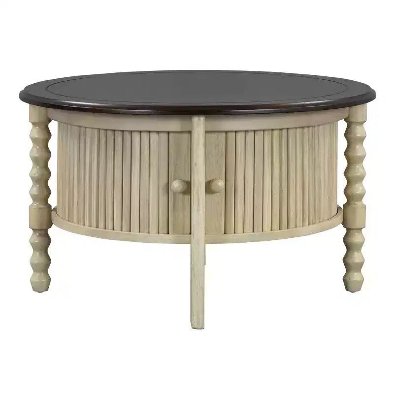 Tavolino da Caffè Ovale/Rotondo Vintage, Tavolino da Cocktail, Tavolino d'Appoggio, Tavolino Laterale per Divano, Tavolino da Centro con Cassetto/Anta Scorrevole, Noce/Beige+Espresso-ModernLuxe