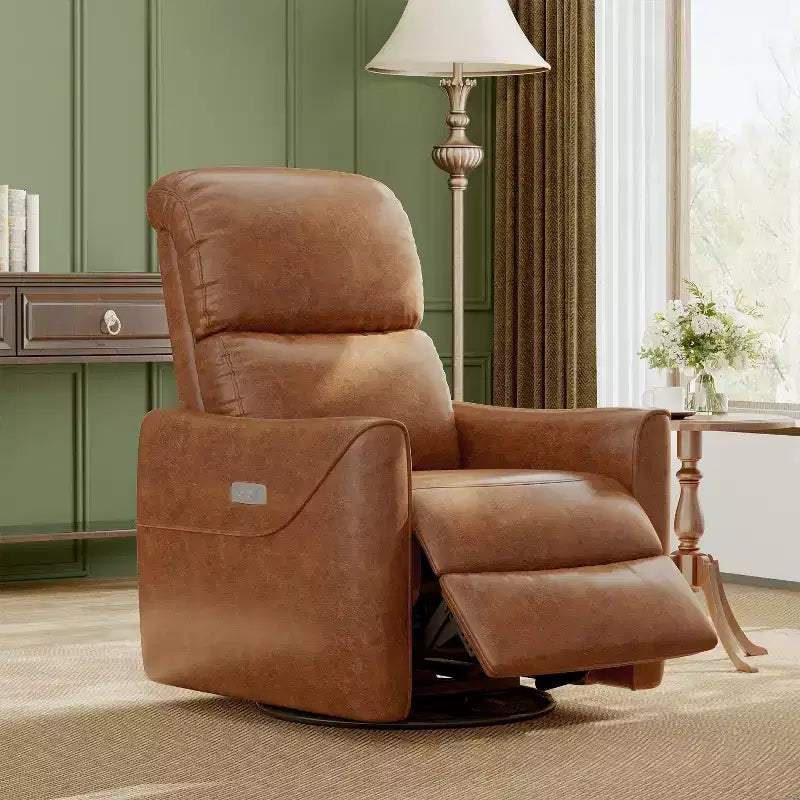Poltrona Reclinabile Girevole a Dondolo, Recliner Manuale con Supporto Lombare e Rivestimento in Ecopelle, Comoda Poltrona a Dondolo Reclinabile