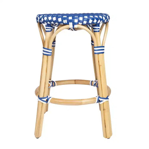 HomeRoots 24 Blue and White and Wood Brown Heavy Duty Rattan Backless Counter Height Bar Chair