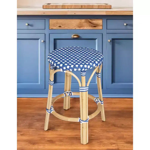 24 sedie da bar senza schienale in rattan blu e bianco e marrone legno, robuste, altezza bancone