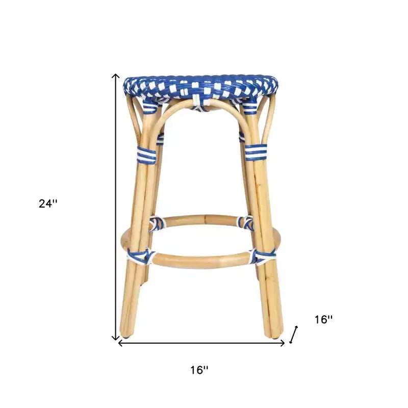 HomeRoots Sgabello da Bar senza Schienale per Bancone, 24 Pollici, Blu, Bianco e Marrone Legno, in Rattan Resistente