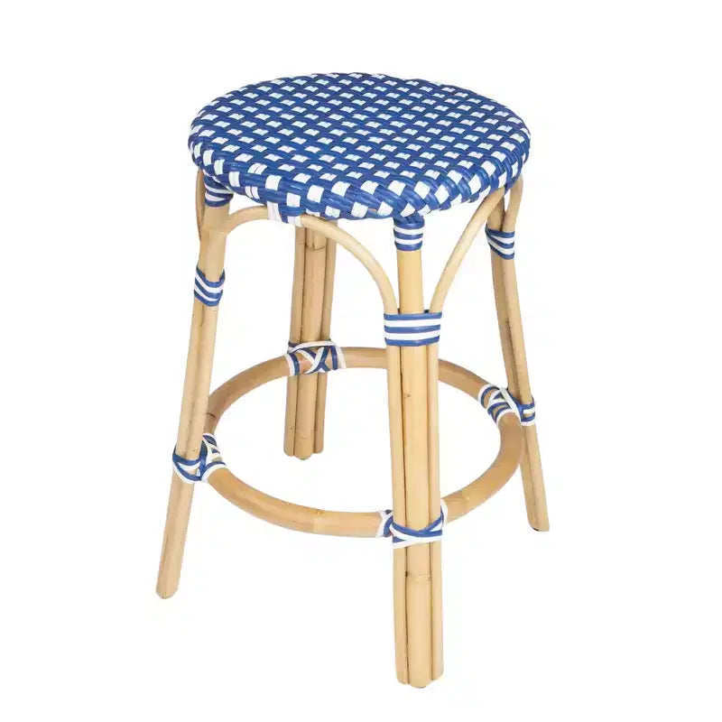HomeRoots Sgabello da Bar senza Schienale per Bancone, 24 Pollici, Blu, Bianco e Marrone Legno, in Rattan Resistente