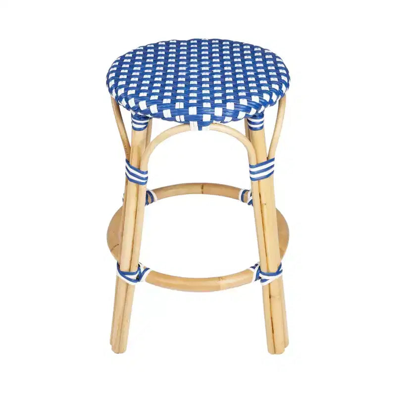 HomeRoots Sgabello da Bar senza Schienale per Bancone, 24 Pollici, Blu, Bianco e Marrone Legno, in Rattan Resistente
