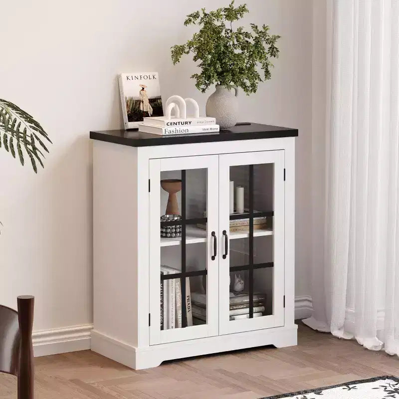 Credenza con Contenitore, Credenza con Ante in Vetro, Presa di Corrente Integrata, Top in Rilievo Nero, per Cucina