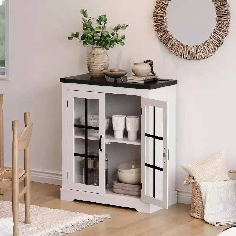 Credenza con Contenitore, Credenza con Ante in Vetro, Presa di Corrente Integrata, Top in Rilievo Nero, per Cucina
