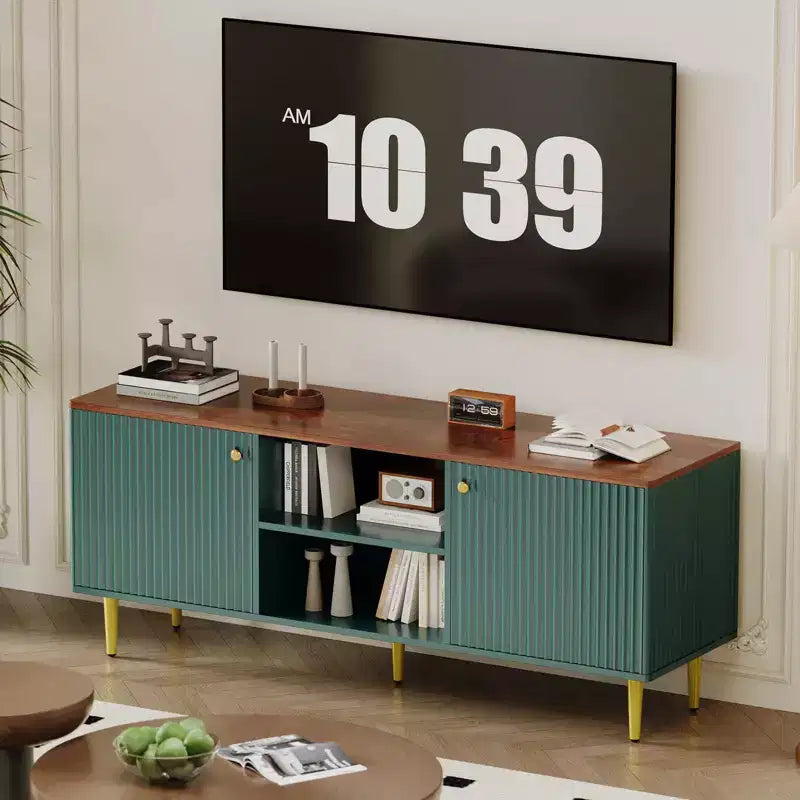 Mobile porta TV da 55 pollici per televisori fino a 65 pollici, mobile TV scanalato con 2 ante e ripiano regolabile, chiusura ammortizzata