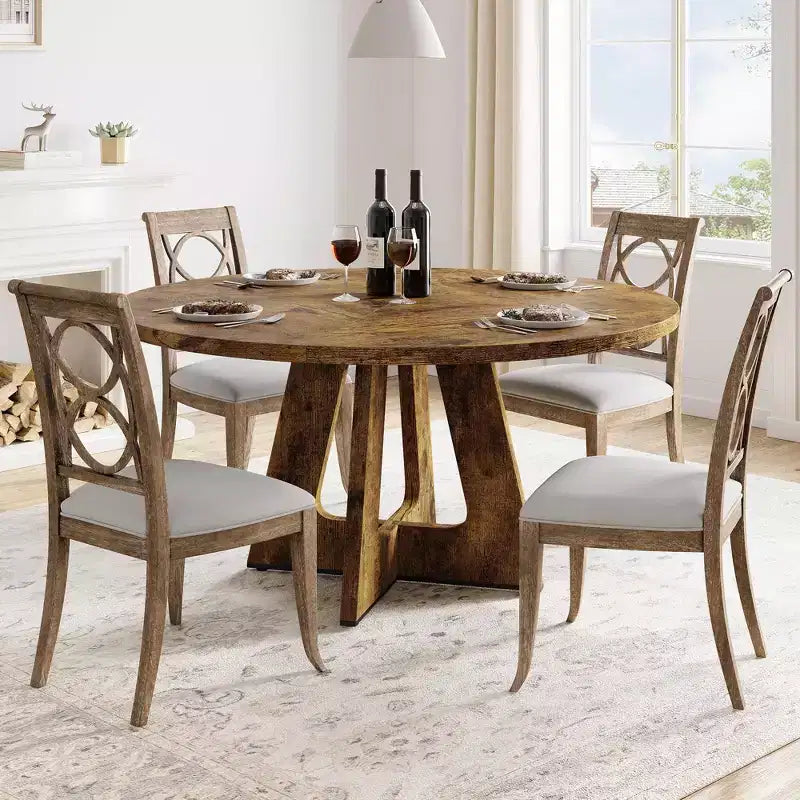 47.2 Round Farmhouse Dining Table, MDF Wood-Look Kitchen Table for Dining Room, Breakfast Nook and Everyday Gatherings