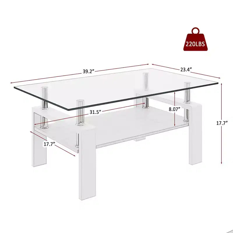 Fun little toys brand Tavolino da caffè rettangolare, piano in vetro temperato con strato in MDF, tavolo moderno per soggiorno, vetro trasparente