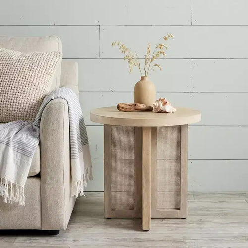 Tavolino rotondo 22 in legno massiccio naturale e rattan